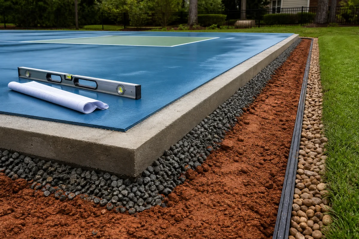 Illustrative court edge showing prepared red clay, compacted stone, concrete base, acrylic surface and a drainage channel.