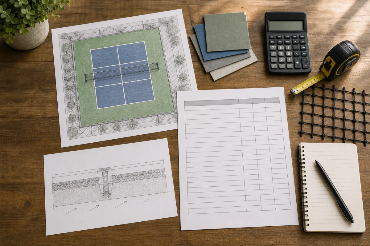 Illustrative pickleball court site sketch, blank scope table, calculator, tape measure and material samples on a planning table.
