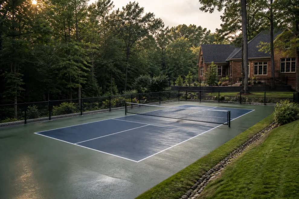 Illustrative private pickleball court in a wooded Charlotte-area backyard